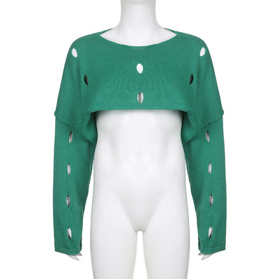 Sweater Fashion Women Hollow Out Crop Top Knitwear Loose Casual High Street Boat Neck Smock Pullover Harajuku ANDYSW1482