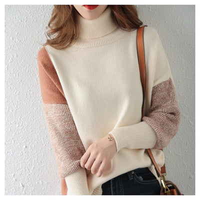Yellow Green Contrast Turtleneck Sweater Women Harajuku Loose Knitted Pullover Autumn Fashion Casual Jumpers Streetwear Knitwear