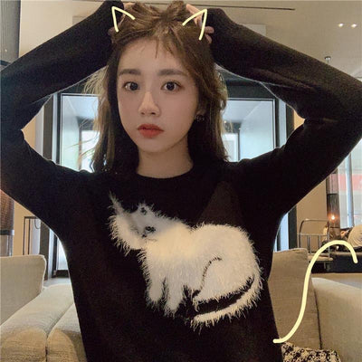 Knitted Cat Pattern Black Sweater Round Collar Long Sleeve Fashionable Autumn Women's Clothing Soft Pullover Women Thin Sweaters