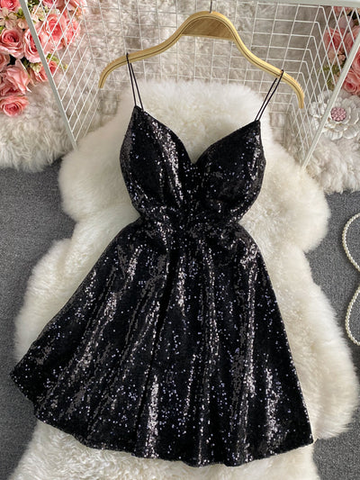 Sexy V-neck Spaghetti Strap Sleeveless Sequins Mini Dress Women Fashion Slim High Waist A-line Backless Bar Party Dress Vestidos