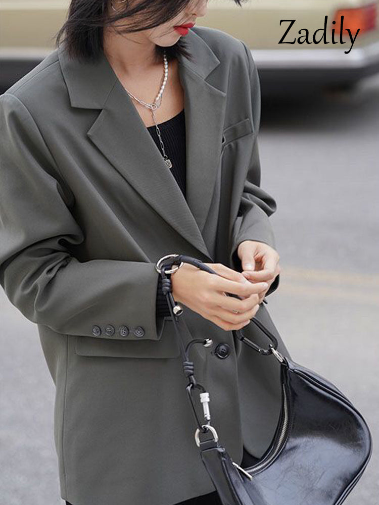 Zadily 2022 Autum Oversize Long Sleeve Gray Women Blazer Unisex Style Solid BF Loose Suit Blazers Winter Female Clothing Coat