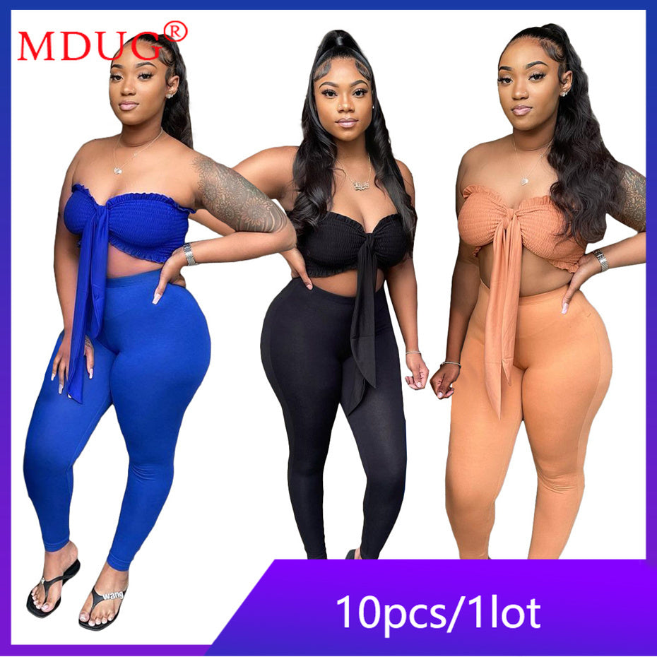 10sets Sexy Strapless 3 Piece Set Womens Tracksuit Fashion Solid Sleeveless Lace Crop Top Pants Outfits Wholesale Clothing M9958