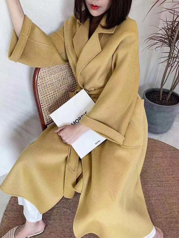 New Arrival 2022 Vintage Double-Sided Cashmere Alpaca Coat Loose Fit female belted Women&#39;s Long Woolen Coat