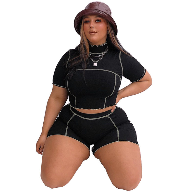Plus Size Clothing 2 Piece Set Women Bodycon Super Stretchy Elastic Waist Crop Top and Shorts Sets Casual Wholesale Dropshipping