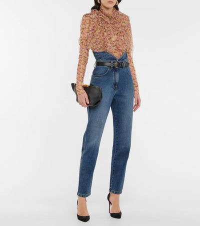 Women&#39;s Blue Cotton Jeans Petal High Waist Denim Pencil Pants 2022 Spring Summer new
