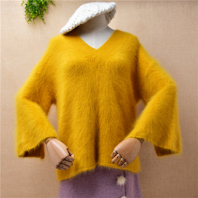 ladies women autumn winter clothing hairy angora fur v-neck three quarter sleeves v-neck loose lazy oaf loose pullover sweater