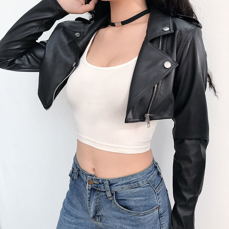 Black PU Leather Crop Jacket Street Wear Punk Style Womens Coats Long Sleeve Turn-Down Zipper Short Jacket 2022 Fashion