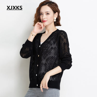 XJXKS Fashion V-neck Women Thin Cardigan 2021 Fall New Lace Hollow Single-breasted Cardigan Women Sweater