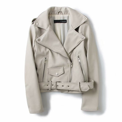 Leather Jacket Women Turn-down Collar Rivet Zipper Black Biker Coats Tops Clothes