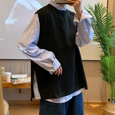 J GIRLS Men Sweater Vest O-neck College Teens All-match Korean Japanese Streetwear Baggy Pure Color Handsome Casual Knitting Ins