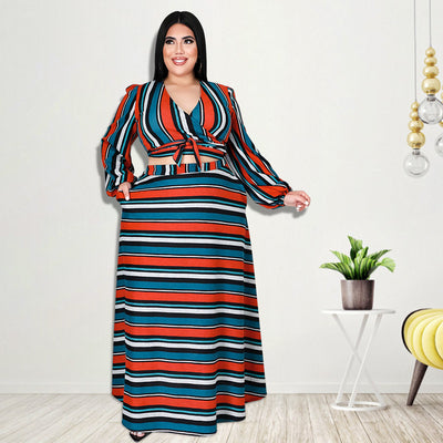 Plus Size Women Dresses Set Striped Printed Long Sleeve Warp Tie Crop Top Blouse Elegant A-line Long Floor Skirts Casual Suits