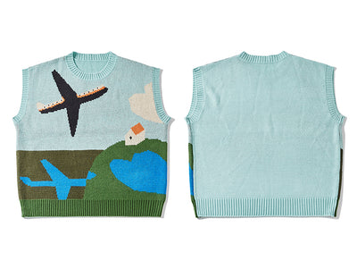 Harajuku Streetwear Knitted Sweaters Vest Men Cartoon Print Airplane Sleeveless Sweater Men Autumn Casual Couple Knitwear Tops