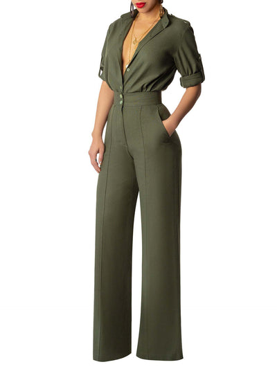 2022 New Women's Two-piece Cardigan Roll-sleeve Long-sleeved Shirt Lapel High Waist Wide Leg Pants Fashion Temperament Suit