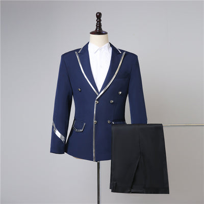 Men's 2 piece Set Navy Blue Suit Singer Stage Performance Costumes Mens Slim Double-breasted Wedding Suit