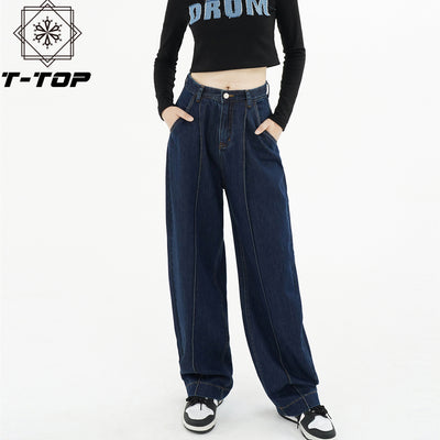 T-TOP Dark Blue Baggy Jeans Women&#39;s Summer High Waist Straight Loose Design Pants Korean Fashion Pants Female Casual Trousers