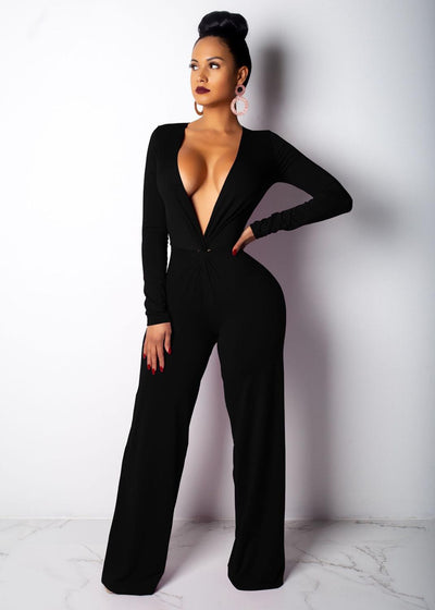 AHVIT Autumn Winter Solid Color Skinny Sexy Party Romper Deep V Neck Full Sleeve Wide Leg Jumpsuit Fashion Women Catsuit SMR9087