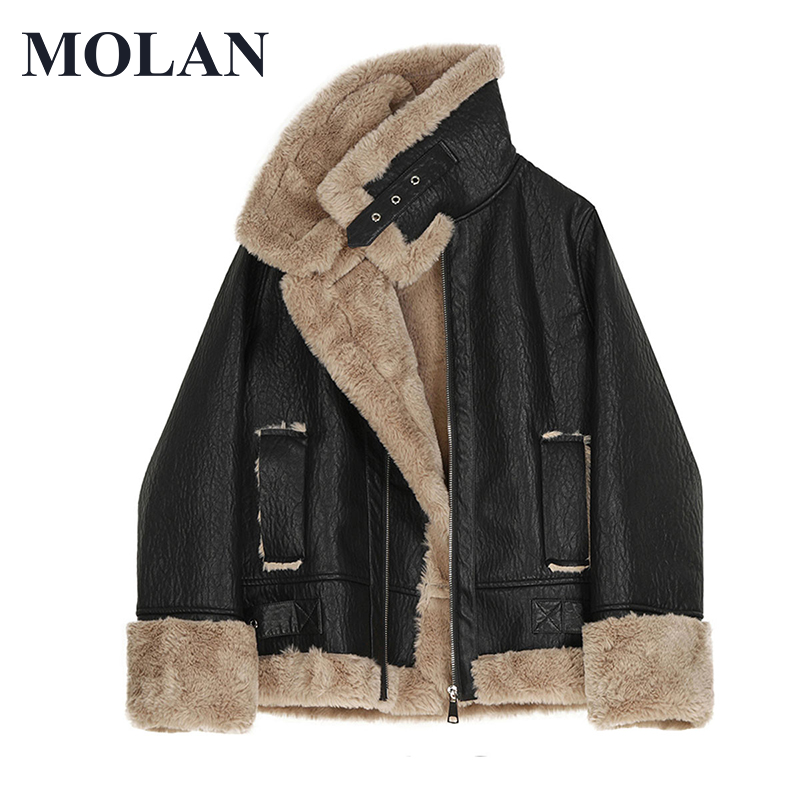 MOLAN Warm Faux Fur Overcoat Woman Winter New Design Loose Long Sleeve Leather Loose Thick Winter Coat Female Zipper Chic Jacket