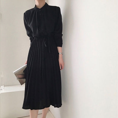 chic temperament stand collar long dress women office lady pleated dress with slash 2022 summer autumn Vestido femme