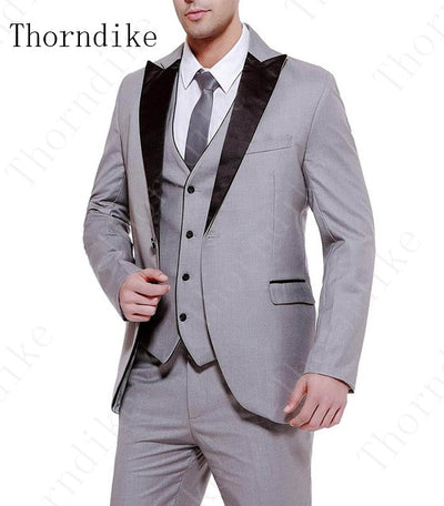 Thorndike Slim Fit Groom Tuxedo White Mens Tuxedos With Black Lapel Best Men Suits Tailored Groomsmen Suits (Jacket+Pants+Vest)