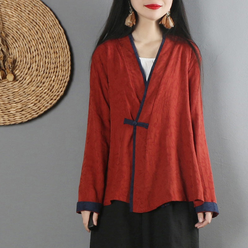 Sprin Autumn Women Tang Tops Long Sleeve Hanfu Chinese Style Blouse Female V-neck Tang Suit Cotton Linen Shirt Tang Coat
