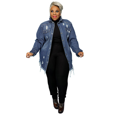Plus Size Women Jean Jackets Ripped Denim Trench Coat 2022 Autumn Lady Club Outfits Winter Female Casual Wholesale Clothes