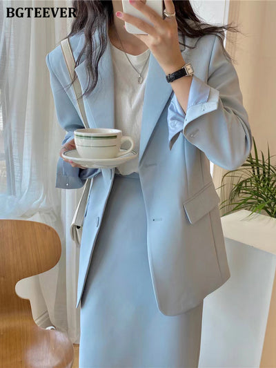 BGTEEVER Spring Autumn Ladies Skirt Suits Long Sleeve Suit Jackets & Straight Skirts Two-pieces Blazer Set Women