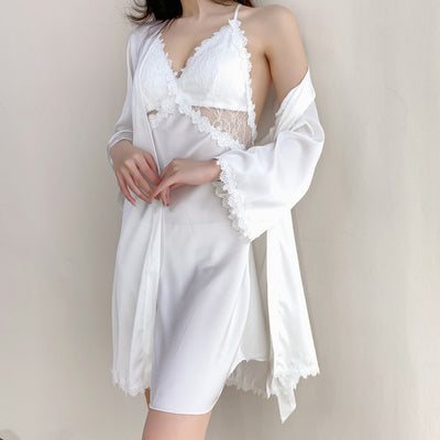 Hollow Out Lace Women Sleepwear Suspender Nightgown Suit White Satin Wedding Robe Sexy Loose Kimono Bathrobe Intimate Lingerie