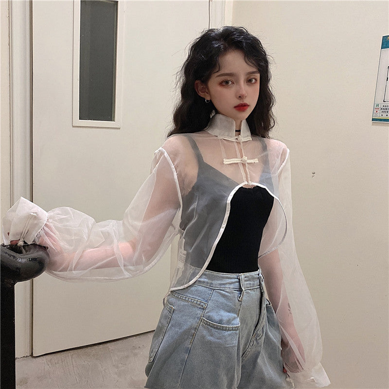 Chinese Style Clothing Women Fashion 2021 Mesh Transparent Tang Suit White See Through Asymmetric Shirt Cheongsam Top KK3689