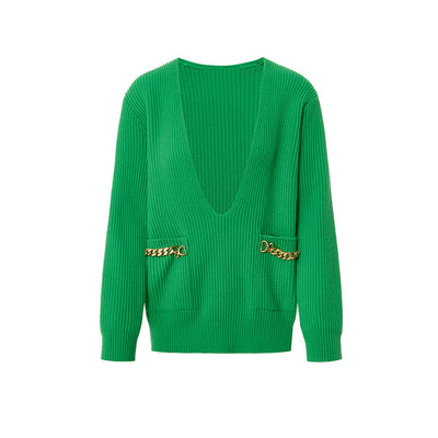 Women Deep V Neck Sweater Metal Chain Wool Knit Pullover Black or Green Female Casual Tops
