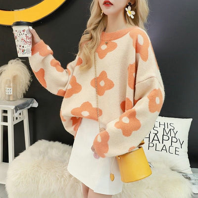 Korean Fashion Autumn Winter Sweater Female 2021 Floral Printing Long Sleeve Women's Pullover Soft Kobieta Swetry