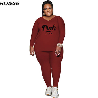HLJ&GG Plus Size Women PINK Letter Print Two Piece Sets Casual Long Sleeve Top + Skinny Pants Tracksuits Casual Matching Outfits