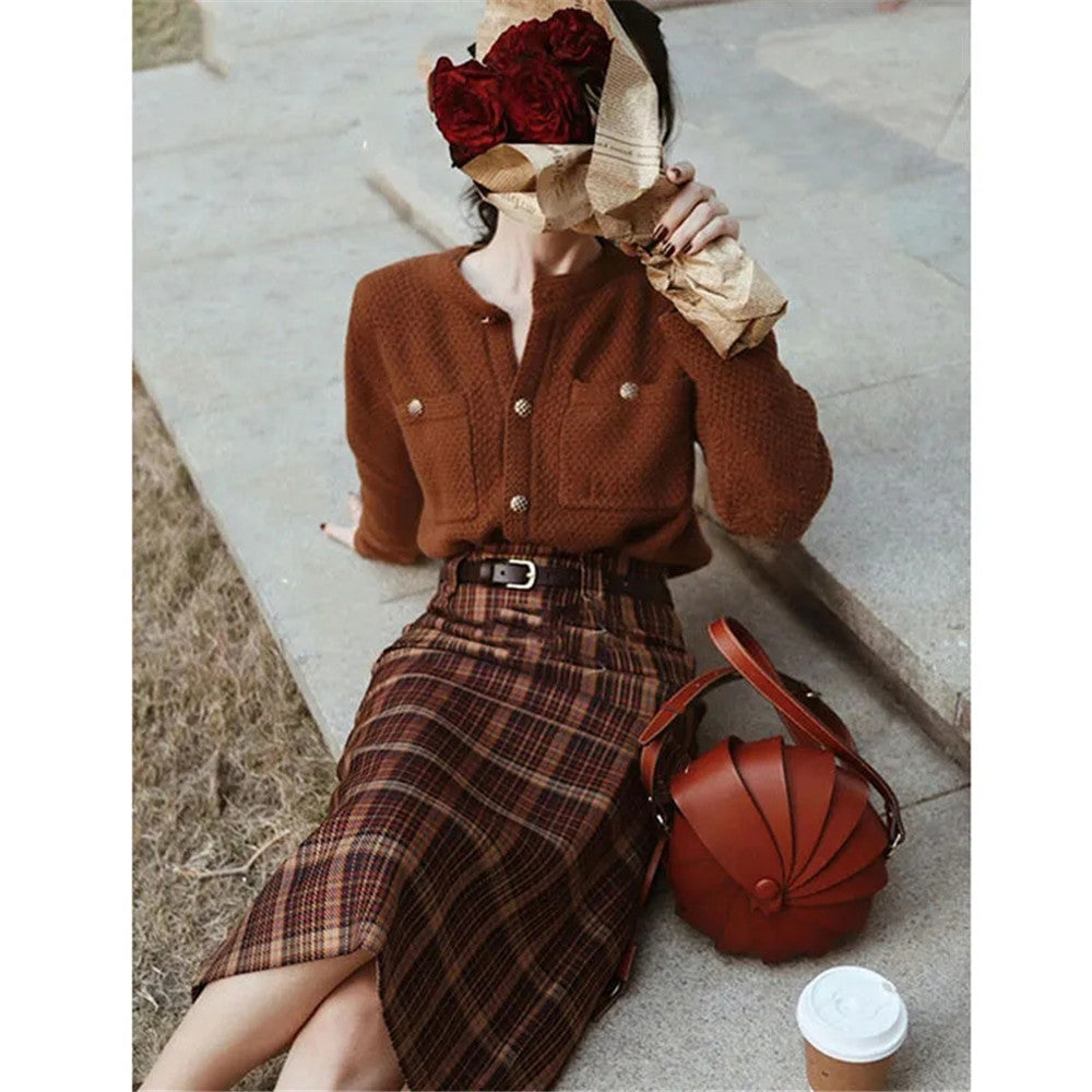 French Vintage 2pcs Set Brown Single-Breasted Cardigan Knitted Sweater +High Waist Plaid Split Hip Long Skirt Women Elegant Suit