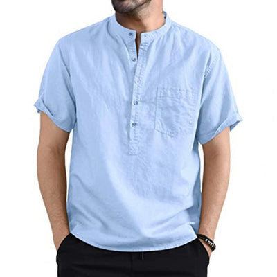 Wear-resistant Men Shirt Loose Short Sleeve Shirt Stand Collar Solid Color Shirt Tops Solid Color
