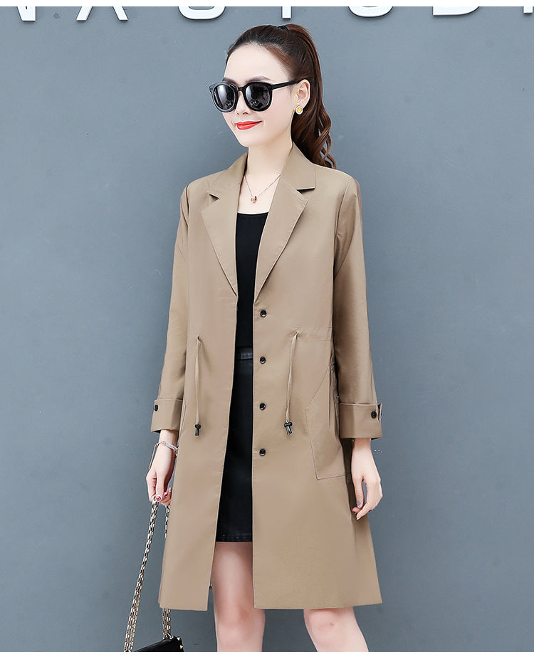 Plus size windbreaker women long section version loose waist tie fashion suit collar single-breasted solid trench coat D338