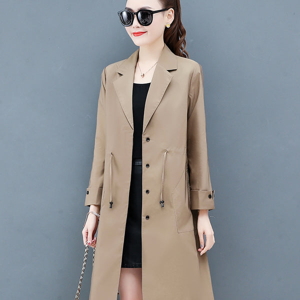 Plus size windbreaker women long section version loose waist tie fashion suit collar single-breasted solid trench coat D338