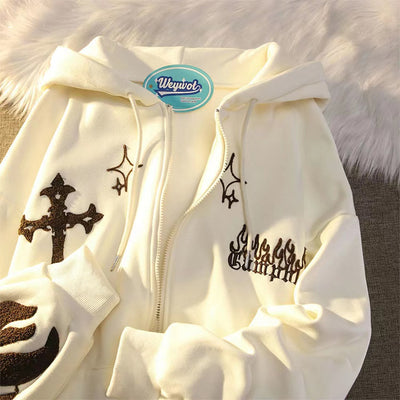 New American flame embroidery zipper Hoodie cardigan Harajuku casual style retro letters loose street wear long sleeve blouse