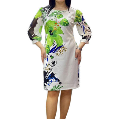 Plus Size Dress for Women Fashion O-Neck Vintage Floral Printing Lantern Half Sleeve Loose Back Zipper Knee-length Pencil Skirt