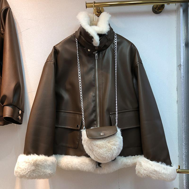 2021 temperament Plus Velvet PU Leather Jacket Women&#39;s Winter New Korean Style Fur Collar Thick Loose Coat Trend
