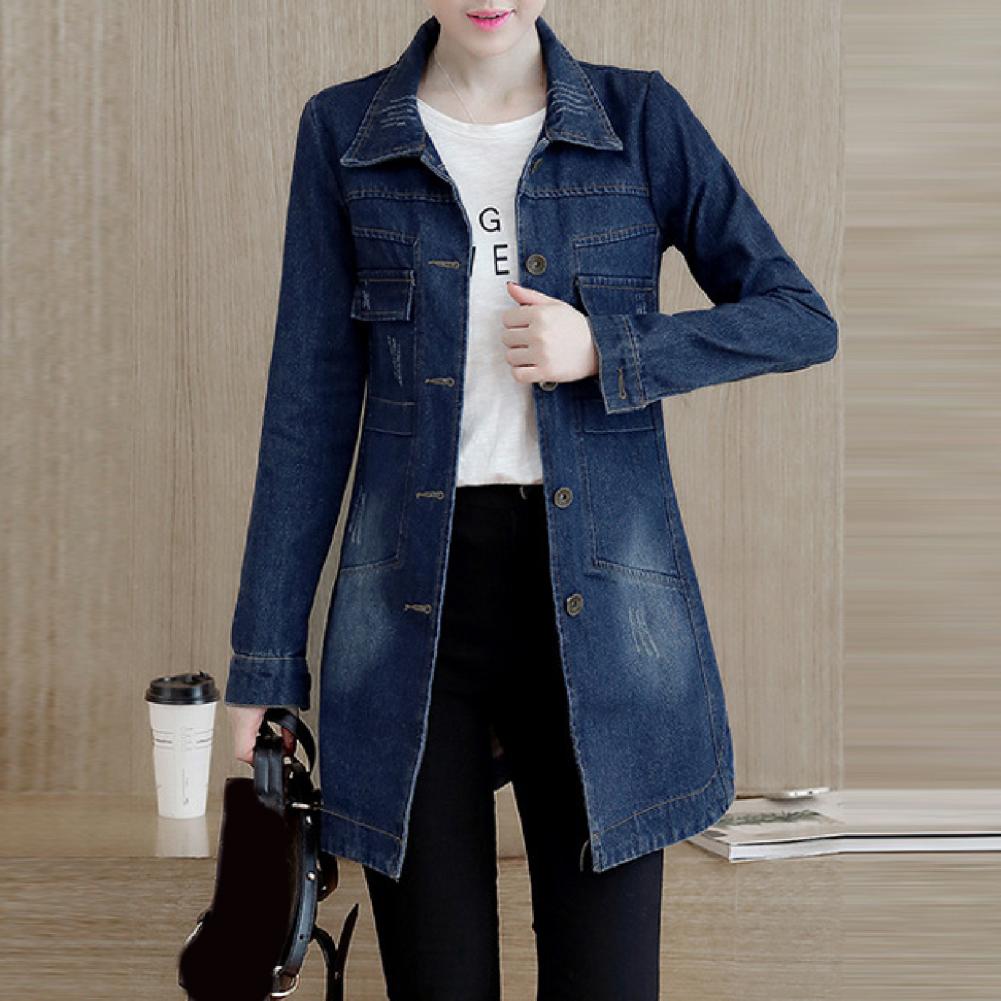 Classic Denim Jacket Women Slim Coat Single Breasted Long Denim Coat Women Mid-Length Jacket Streetwear джинсовая куртка жеская