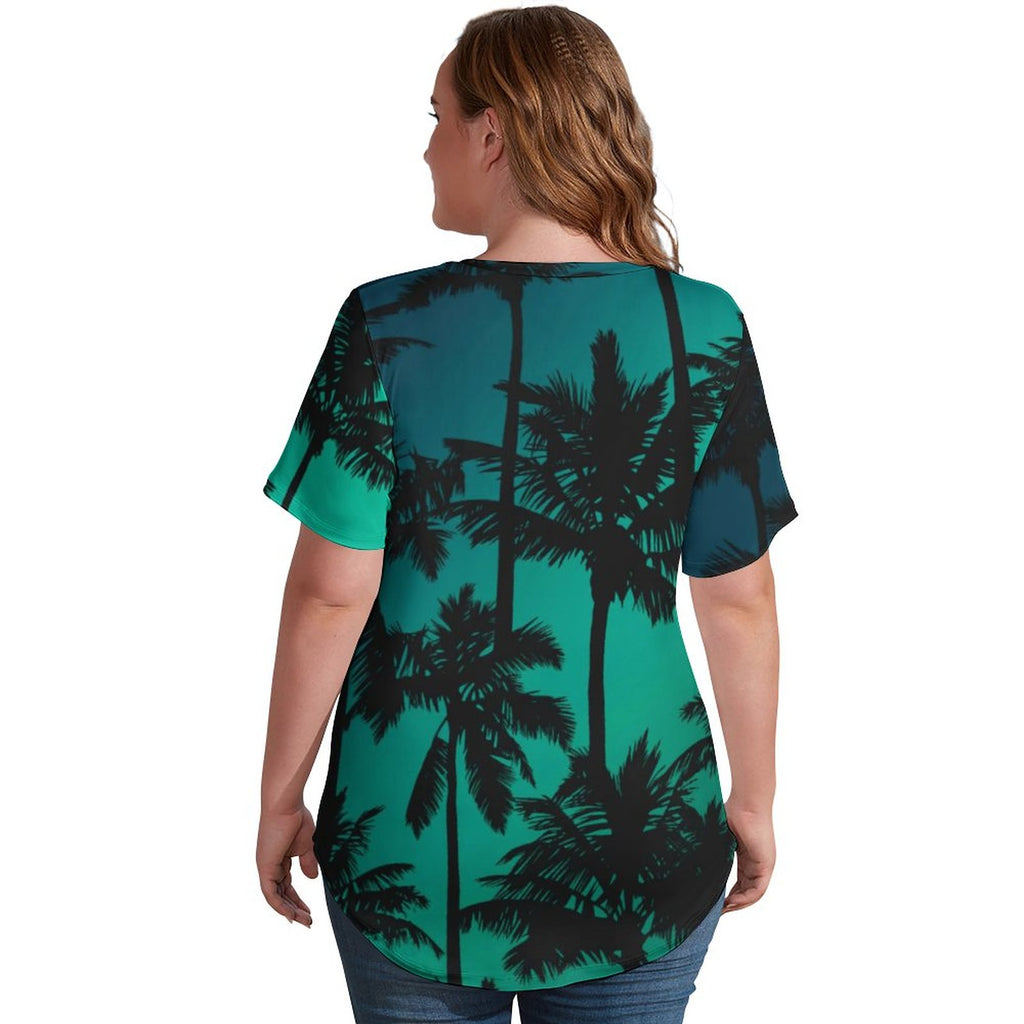 Hawaii Beach T-Shirt Palm Tree Pirnt Cute V Neck T Shirts Short Sleeve Classic Tee Shirt Summer Trendy Tees Plus Size 3XL 4XL