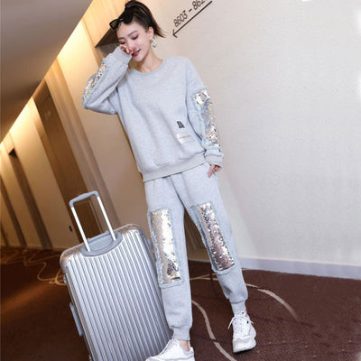 Spring and Autumn Sequins Tracksuit For Women Loose Sweatshirt and High Waist Long Sweatpant 2 Piece Set