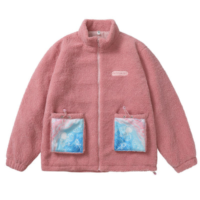 Winter Lambswool Jackets Men Hip Hop Embroidery Bear Patchwork Pocket Jackets New Street Harajuku Warm Furry Casual Cotton Coat