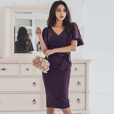 Spring Summer Sexy Elegant V-neck Pencil Dress Ruffles Flrae Sleeve Sheath Slim Bodycon Women Dresses Vestidos Elegantes