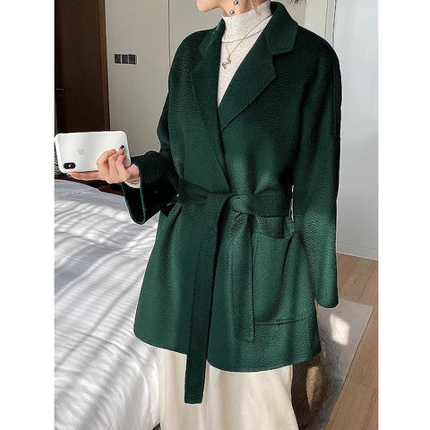 Korean Style High end water ripple double-faced cashmere coat ladies thickeningwoolen coat