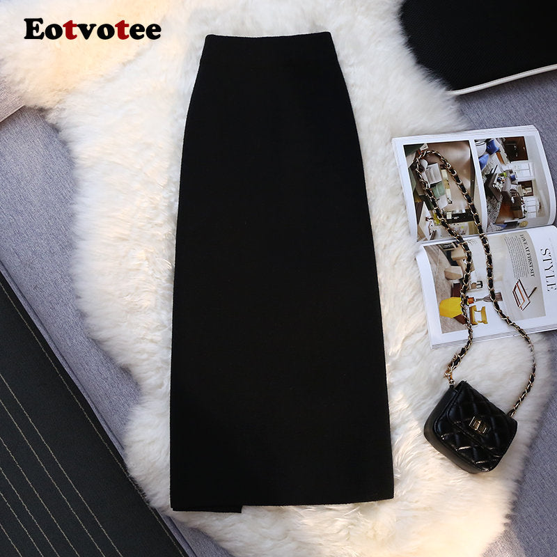 Eotvotee Khaki Side Split Sexy Knitted Long Skirt for Women 2022 Autumn Winter Elastic Band Fashion Casual Pencil Midi Skirts