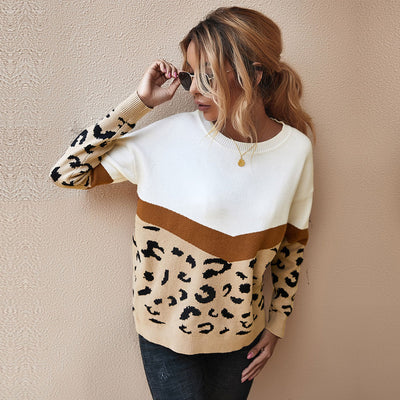 Fashion Leopard Patchwork Autumn Winter 2022 Ladies Knitted Sweater Women O-neck Full Sleeve Jumper Pullovers Top Khaki Brown