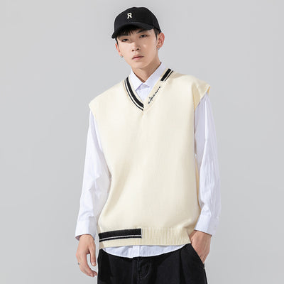 2022 autumn new loose V-neck sweater vest Japanese fashion all-match color sleeveless vest sweater men