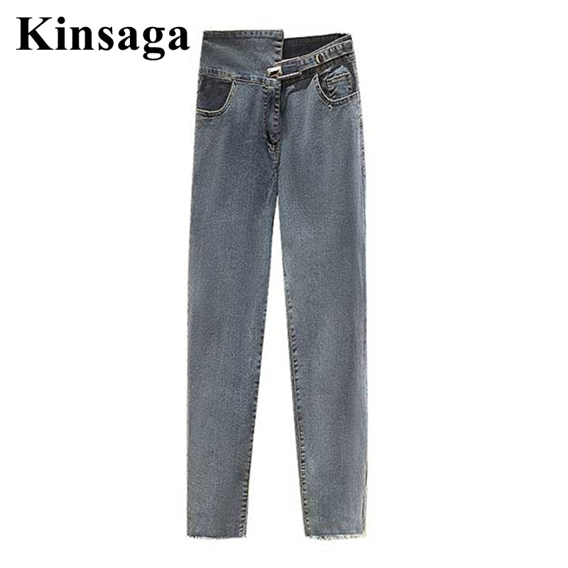 Sexy Asymmetric Waist High Waisted Stretchy Skinny Pencil Crop Jeans Belted 4XL Women Distressed Capri Denim Ninth Pant Breeches
