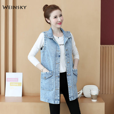 New Women Demin Vest Lady Spring And Autumn Solid Color Long Sleeveless Jacket