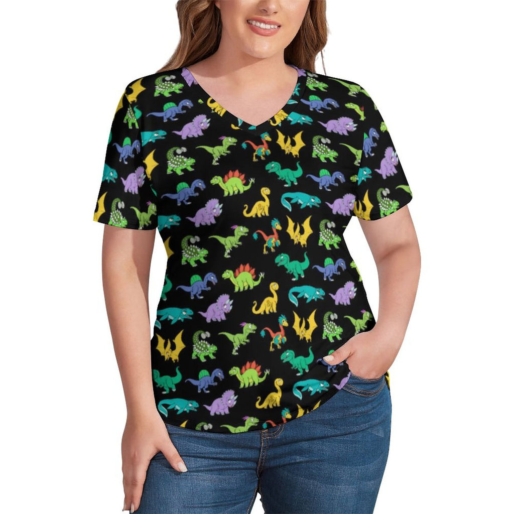 Funny Dinosaurs T Shirt Colorful Animal Print Aesthetic T-Shirts V Neck Short Sleeve Tops Street Wear Top Tees Plus Size 4XL